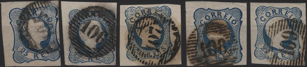 1732.jpg -     Lote:    1732            Portugal       Descrição:         Carimbo numéricos da 1.ª reforma * 1856/58 &mdash; D. Pedro V, cabelos anelados. Mf11, 25 reis azul, tipo I, linhas simples + Mf12, 25 reis azul, tipo II, linhas duplas. Lote com 5 selos com margens normais a luxo, obliterados com carimbos tipo 20 barras, BATIDOS A PRETO "105 &mdash; ESPOSENDE", "MELGAÇO", "107 &mdash; MONÇÃO", "108 &mdash; PONTE DA BARCA" e "109 &mdash; PONTE DE LIMA".         O       Valor Base:     &euro; 30,00     Valor Venda:     &euro;      