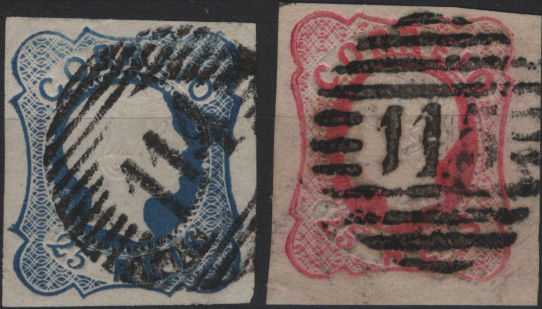 1733.jpg -     Lote:    1733            Portugal       Descrição:         Carimbo numéricos da 1.ª reforma * 1855/62 &mdash; D. Pedro V, cabelos lisos, Mf7, 25 reis tipo II + D. Luís I, Mf16, 25 reis carmim, com margens curtas a normais, obliterados com carimbos batidos a preto "114 &mdash; ALMEIDA", tipo 5.10.5 e "115 &mdash; CASTRO DAIRE", tipo 4.3.4.         O       Valor Base:     &euro; 15,00     Valor Venda:     &euro;      