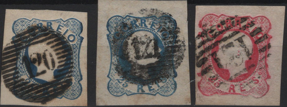1734.jpg -     Lote:    1734            Portugal       Descrição:         Carimbo numéricos da 1.ª reforma * 1856/62 &mdash; D. Pedro V, cabelos anelados, Mf11, 25 reis azul, linhas simples (x2) + D. Luís I, Mf16, 25 reis carmim, obliterados com carimbos batidos a preto "120 &mdash; GUARDA", tipo 5.9.5 + "121 &mdash; LAMEGO" tipos 20 barras e 4.3.4. Selos com margens normais a luxo.         O       Valor Base:     &euro; 20,00     Valor Venda:     &euro;      