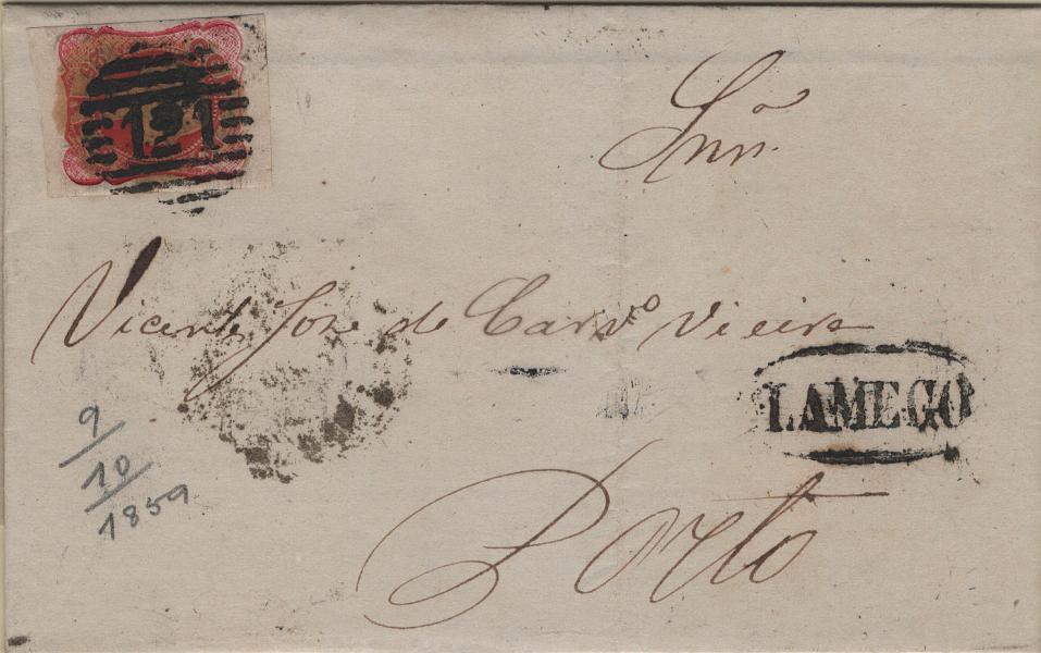 1735.jpg -     Lote:    1735            Portugal       Descrição:         Carimbo numéricos da 1.ª reforma * 1856/58 &mdash; D. Pedro V, cabelos anelados. Mf13, 25 reis carmim. Selo com margens curtas a largas em carta circulada de Lamego (09.10.59) para o Porto (10.10.58) obliterado com carimbo a preto "121 &mdash; LAMEGO", tipo 4.3.4 e nominativo "LAMEGO".         Carta       Valor Base:     &euro; 15,00     Valor Venda:     &euro;      