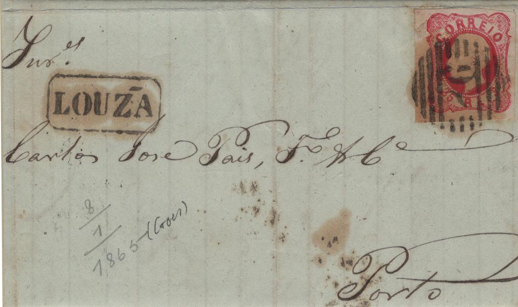 1736.jpg -     Lote:    1736            Portugal       Descrição:         Carimbo numéricos da 1.ª reforma * 1862/64 &mdash; D. Luís I. Mf16, 25 reis carmim, com margens normais a largas em carta circulada de Gois (08.01.65) para o Porto (10.01.65) obliterado com carimbo batido a sépia "86 &mdash; LOUZÃ", tipo 4.3.4 e nominativo "LOUZÃ".         Carta       Valor Base:     &euro; 20,00     Valor Venda:     &euro;      