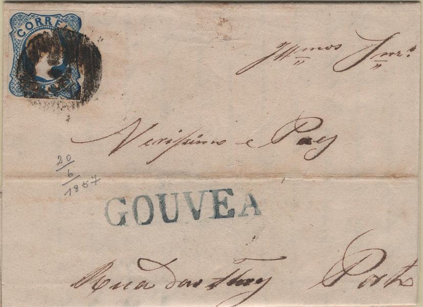 1737.jpg -     Lote:    1737            Portugal       Descrição:         Carimbo numéricos da 1.ª reforma * 1856/58 &mdash; D. Pedro V, cabelos anelados. Mf12, 25 reis azul, tipo II, com margens curtas em carta circulada de Gouveia (20.06.57) para o Porto (21.06.57) obliterado com carimbo batido a sépia "119 &mdash; GOUVEIA" tipo 20 barras e nominativo a azul escuro "GOUVEA".         Carta       Valor Base:     &euro; 30,00     Valor Venda:     &euro;      