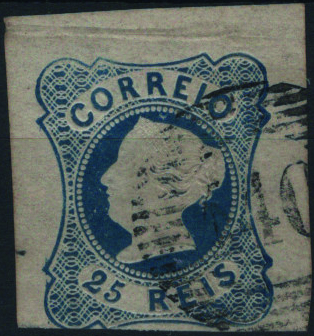 1738.jpg -     Lote:    1738            Portugal       Descrição:         Carimbos numéricos da 1.ª reforma. 1853 - D. Maria II. Mf2, 25 reis azul, tipo II, com três margens de luxo e uma curta, obliterado com carimbo batido a preto "140 - ALVAIAZERE", tipo 5.10.5. B e MR.         O       Valor Base:     &euro; 35,00     Valor Venda:     &euro;      