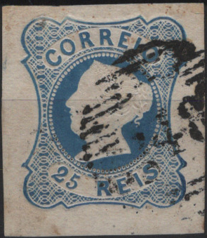 1739.jpg -     Lote:    1739            Portugal       Descrição:         Carimbo numéricos da 1.ª reforma * 1853 &mdash; D. Maris II. Mf2, 25 reis azul, tipo II, com margens de luxo, obliterado com carimbo batido a preto "148 &mdash; FUNDÃO", tipo 20 barras. MR.         O       Valor Base:     &euro; 20,00     Valor Venda:     &euro;      