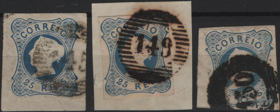 1740.jpg -     Lote:    1740            Portugal       Descrição:         Carimbo numéricos da 1.ª reforma * 1853 &mdash; D. Maria II. Mf2, 25 reis azul, tipo II. Lote com 3 selos, com margens curtas a luxo, obliterados com carimbos batidos a preto "145 &mdash; COVILHÃ", "149 &mdash; GOLEGÃ" e "150 &mdash; IDANHA-A-NOVA", todos do tipo 20 barras.         O       Valor Base:     &euro; 25,00     Valor Venda:     &euro;      