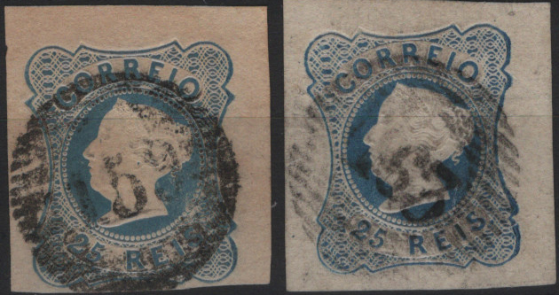 1741.jpg -     Lote:    1741            Portugal       Descrição:         Carimbo numéricos da 1.ª reforma * 1853 &mdash; D. Maria II. Mf2, 25 reis azul, tipo II, com margens de luxo na grande maioria, obliterados com carimbos batidos a preto "159 &mdash; ESTREMOZ" e "163 &mdash; BORBA", todos do tipo de 20 barras.         O       Valor Base:     &euro; 20,00     Valor Venda:     &euro;      