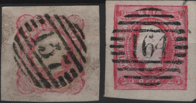 1742.jpg -     Lote:    1742            Portugal       Descrição:         Carimbo numéricos da 1.ª reforma * 1862/66 &mdash; D. Luís I, Mf16, 25 reis carmim + D. Luís I, fita curva, não denteados, Mf22, 25 reis carmim, obliterados com carimbos batidos a preto "157 &mdash; TORRES NOVAS" e "164 &mdash; CRATO", ambos tipo 4.3.4. Selos com margens de luxo.         O       Valor Base:     &euro; 15,00     Valor Venda:     &euro;      