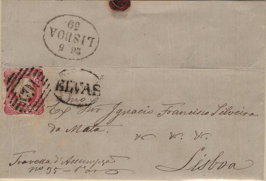 1744.jpg -     Lote:    1744            Portugal       Descrição:         Carimbos numéricos da 1.ª reforma. 1856/58 &mdash; D. Pedro V. Cabelos anelados. Mf13, 25 reis carmim rosa, com margens curtas, em carta remetida de Elvas (25.05.59) para Lisboa (26.05.59) com carimbo batido a preto "165" + nominativo a preto "ELVAS".         Carta       Valor Base:     &euro; 15,00     Valor Venda:     &euro;      