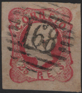 1745.jpg -     Lote:    1745            Portugal       Descrição:         Carimbo numéricos da 1.ª reforma * 1862/64 &mdash; D. Luís I. Mf16, 25 reis carmim. Exemplar com margens largas, obliterado com carimbo batido a preto "168 &mdash; MONFORTE", tipo 4.3.4.         O       Valor Base:     &euro; 15,00     Valor Venda:     &euro;      