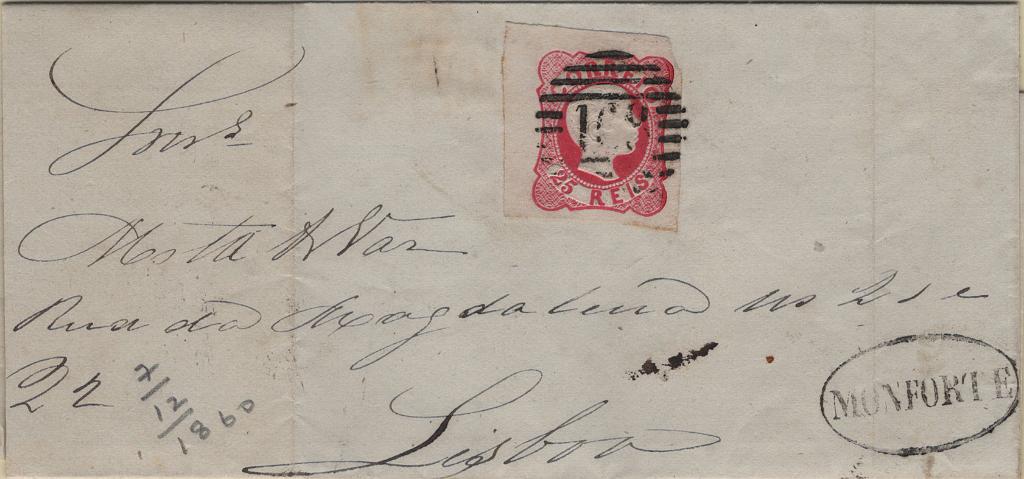 1746.jpg -     Lote:    1746            Portugal       Descrição:         Carimbo numéricos da 1.ª reforma * 1856/58 &mdash; D. Pedro V, cabelos anelados. Mf13, 25 reis carmim. Selo com margens normais a luxo em carta circulada de Monforte (07.12.60) para Lisboa (08.12.60) obliterado com carimbo a preto "168 &mdash; MONFORTE", tipo 4.3.4 e nominativo "MONFORTE".         Carta       Valor Base:     &euro; 20,00     Valor Venda:     &euro;      