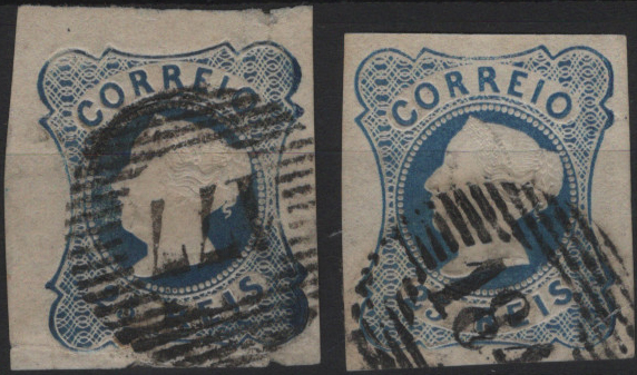 1747.jpg -     Lote:    1747            Portugal       Descrição:         Carimbo numéricos da 1.ª reforma * 1853 &mdash; D. Maria II. Mf2, 25 reis azul, tipo II. Lote com dois exemplares com margens normais a luxo, obliterados com carimbos batidos a preto "177 &mdash; BRAGANÇA", tipo 5.10.5 e "184 &mdash; MIRANDELA" tipo 5.10.5.         O       Valor Base:     &euro; 20,00     Valor Venda:     &euro;      