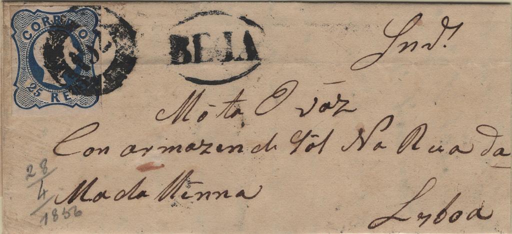 1748.jpg -     Lote:    1748            Portugal       Descrição:         Carimbo numéricos da 1.ª reforma * 1855/56 &mdash; D. Pedro V. Cabelos anelados. Mf11, 25 reis azul, tipo I (linhas simples), com margens curtas em carta circulada de Beja (28.04.56) para Lisboa (29.04.56) obliterado com carimbo batido a preto "192 &mdash; BEJA" tipo 20 barras e nominativo a preto "BEJA".         Carta       Valor Base:     &euro; 15,00     Valor Venda:     &euro;      