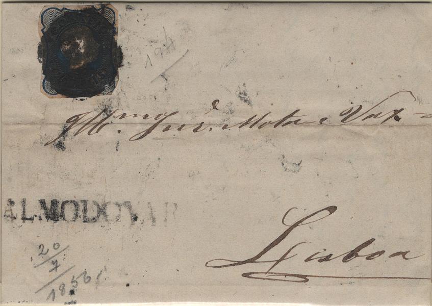 1749.jpg -     Lote:    1749            Portugal       Descrição:         Carimbo numéricos da 1.ª reforma * 1855/56 &mdash; D. Pedro V. Cabelos anelados. Mf11, 25 reis azul, tipo I (linhas simples), com margens curtas em carta circulada de Almodôvar (20.07.56) para Lisboa (22.07.56) obliterado com carimbo batido a preto "194 &mdash; ALMODOVAR" tipo 20 barras e nominativo a preto "ALMODOVAR".         Carta       Valor Base:     &euro; 20,00     Valor Venda:     &euro;      