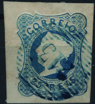1752.jpg -     Lote:    1752            Portugal       Descrição:         Carimbos numéricos da 1.ª reforma. 1853 &mdash; D. Maria II. Mf2, 25 reis azul, tipo I, com margens normais a luxo, obliterado com carimbo batido a azul "213 &mdash; LAGOS", tipo 6.8.6. Exemplar sem defeitos nem reparações.         O       Valor Base:     &euro; 20,00     Valor Venda:     &euro;      