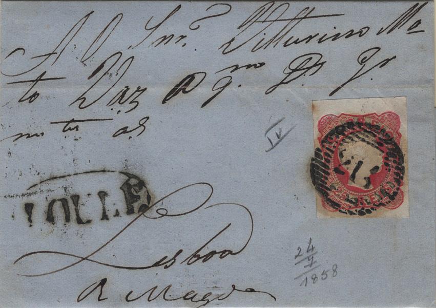 1754.jpg -     Lote:    1754            Portugal       Descrição:         Carimbo numéricos da 1.ª reforma * 1856/58 &mdash; D. Pedro V, cabelos anelados. Mf13, 25 reis carmim. Selo com margens normais a luxo em carta circulada de Loulé (24.07.58) para Lisboa (26.07.58) obliterado com carimbo a preto "214 &mdash; LOULÉ", tipo 4.3.4 e nominativo "LOULE".         Carta       Valor Base:     &euro; 15,00     Valor Venda:     &euro;      