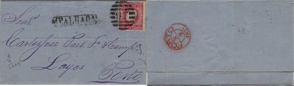 1758.jpg -     Lote:    1758            Portugal       Descrição:         Carimbo numéricos da 2.ª reforma * 1870/76 &mdash; D. Luís I, fita direita. Mf40, 25 reis carmim, denteado 13 &frac12;, em carta circulada da Mealhada (07.09.79) para o Porto (08.09.79) obliterado com carimbo batido a preto "97 &mdash; MEALHADA" e nominativo "MEALHADA".         Carta       Valor Base:     &euro; 20,00     Valor Venda:     &euro;      