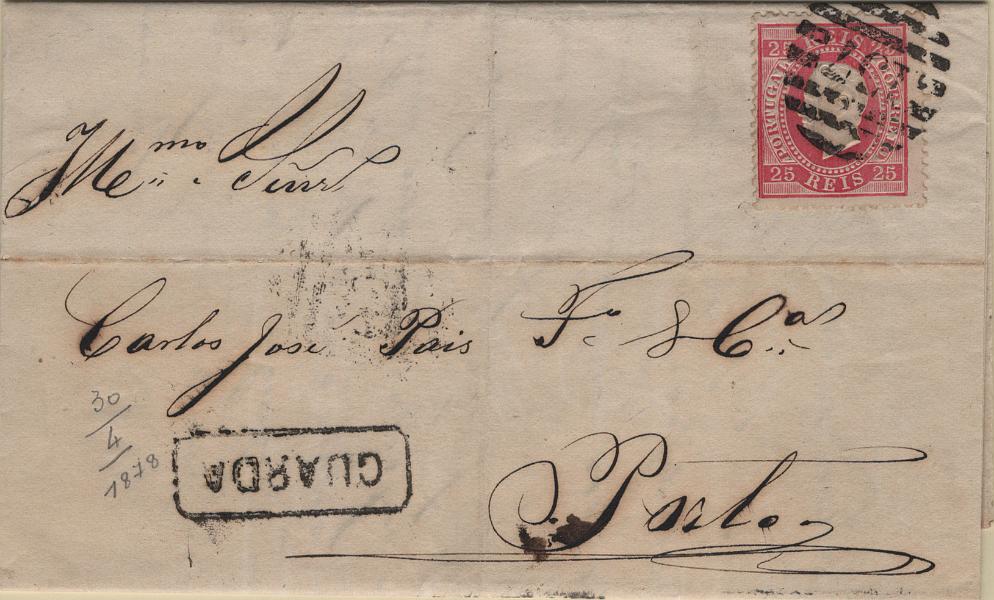 1759.jpg -     Lote:    1759            Portugal       Descrição:         Carimbo numéricos da 2.ª reforma * 1870/76 &mdash; D. Luís I. Fita direita. Mf40, 25 reis carmim, papel liso, denteado 12 Ÿ em carta circulada da Guarda (30.04.78) para o Porto (02.05.78) obliterado com carimbo batido a preto "137 &mdash; GUARDA" e nominativo "GUARDA".         Carta       Valor Base:     &euro; 12,00     Valor Venda:     &euro;      