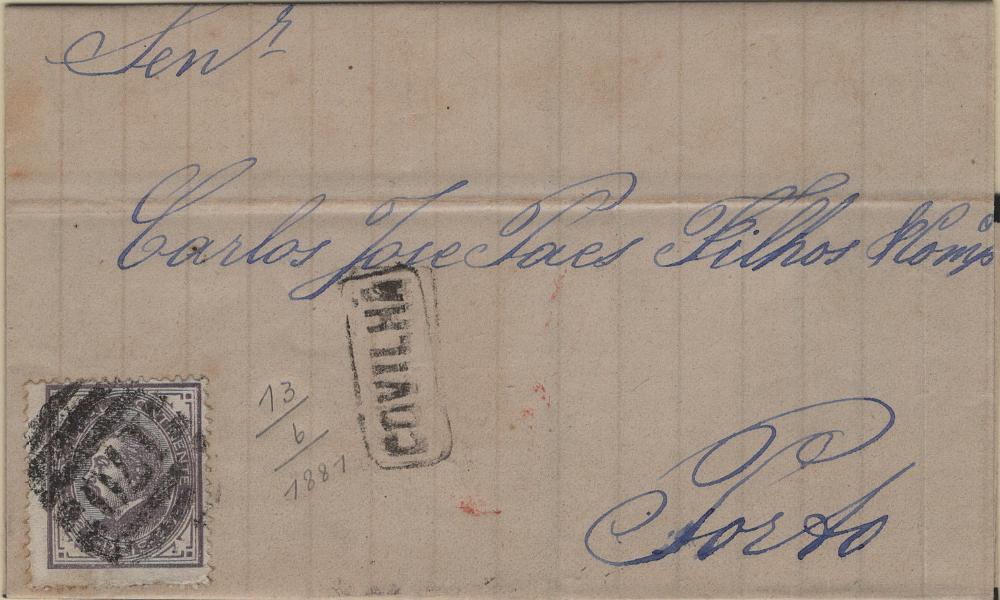 1760.jpg -     Lote:    1760            Portugal       Descrição:         Carimbo numéricos da 2.ª reforma * 1882/83 &mdash; D. Luís I, de perfil. Mf54, 25 reis violeta vermelho em carta datada da Covilhã (13.06.81) para o Porto (15.06.81) obliterado com carimbo batido a preto "170 &mdash; COVILHÃ" e nominativo "COVILHÃ".         Carta       Valor Base:     &euro; 15,00     Valor Venda:     &euro;      
