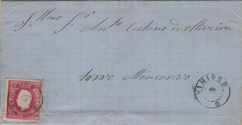 1764.jpg -     Lote:    1764            Portugal       Descrição:         Carimbos nominativos. 1870/76 &mdash; D. Luís I, fita direita. Mf40, 25 reis carmim, denteado 12 Ÿ, papel liso, em carta circulada de Vimioso (13.04.72), com trânsito por Bragança (15.04.72). Carimbo nominativo circular de "VIMIOSO" batido a preto. MR.         Carta       Valor Base:     &euro; 150,00     Valor Venda:     &euro;      