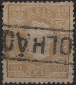 1766.jpg -     Lote:    1766            Portugal       Descrição:         Carimbos nominativos. 1870/76 &mdash; D. Luís I. Fita direita. Mf39, 20 reis bistre, denteado 12 Ÿ, papel liso, obliterado com carimbo batido a preto de "OLHÃO". Exemplar com duas ligeiras transparências         O       Valor Base:     &euro; 12,00     Valor Venda:     &euro;      