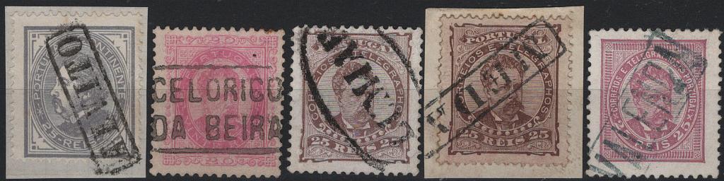 1776.jpg -     Lote:    1776            Portugal       Descrição:         Carimbos nominativos. Lote composto por 3 selos e dois fragmentos com selos de D. Luís I, tipo perfil e frente (Mf54, Mf62, Mf57 (2) e Mf63, obliterados com carimbos batidos a preto de "ALVITO", "CELORICO / DA BEIRA", "LUMIAR", "MEDA" e "VALENÇA".         O       Valor Base:     &euro; 10,00     Valor Venda:     &euro;      