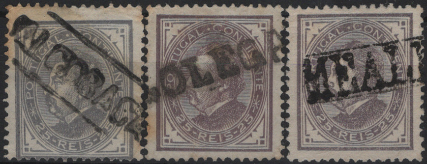 1778.jpg -     Lote:    1778            Portugal       Descrição:         Carimbos nominativos. 1880/81 D. Luís I. De perfil. Mf54, 25 reis cinzento e cinzento vermelho, papel liso, denteado 12 Ÿ. Lote com três selos obliterados com carimbos a preto "ALCOBAÇA", "GOLEGAN" e "MEALHADA".         O       Valor Base:     &euro; 16,00     Valor Venda:     &euro;      