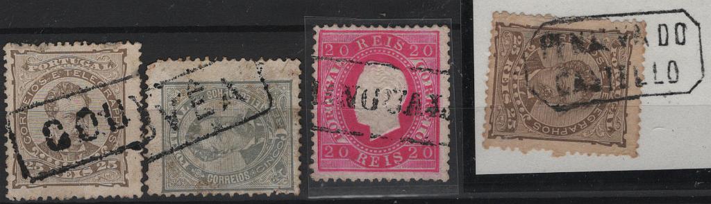 1783.jpg -     Lote:    1783            Portugal       Descrição:         Carimbos nominativos. Lote com 4 selos: D. Luís I, fita direita, 20 reis carmim, Mf66 com carimbo a preto de "MANGUALDE" e 3 selos de D. Luís I, de frente com carimbos de "GOUVEA" (2) e "PENALVA DO CASTELO".         O       Valor Base:     &euro; 15,00     Valor Venda:     &euro;      