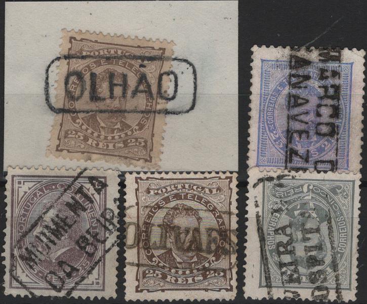 1784.jpg -     Lote:    1784            Portugal       Descrição:         Carimbos nominativos. Lote com 5 selos de 25 reis dos tipos D. Luís I de perfil e D. Luís I de frente, obliterados com carimbos batidos a preto de "OLHÃO", "MARCO DE CANAVEZES", "MUIMETA DA BEIRA", "OLIVAES" e "OLIVEIRA DO HOSPITAL".         O       Valor Base:     &euro; 12,00     Valor Venda:     &euro;      