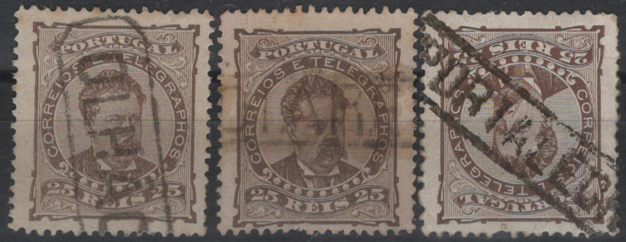 1785.jpg -     Lote:    1785            Portugal       Descrição:         Carimbos nominativos. 1882/83 &mdash; D. Luís I. De frente. Mf57E, 25 reis castanho, denteado 13 &frac12;, papel liso. Lote com 3 selos obliterados com carimbos batidos a preto de "OLHÃO", "POIARES" e "PORTALEGRE".          O       Valor Base:     &euro; 12,00     Valor Venda:     &euro;      