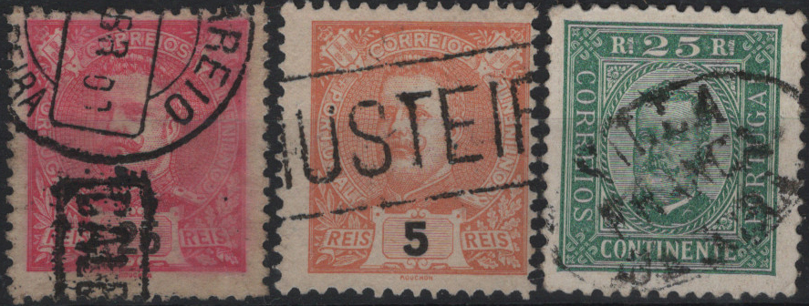 1792.jpg -     Lote:    1792            Portugal       Descrição:         Carimbos nominativos. 1892/98 &mdash; D. Carlos I, Diogo Neto + D. Carlos I Mouchon, Lote com 3 selos de 25 reis Mf70, 5 reis Mf127 e 25 reis Mf141, obliterados respetivamente com carimbos batidos a preto de "VILA / FRANCA / DE XIRA", "MUSTEIRO" e "CALDAS DE S. JORGE".         O       Valor Base:     &euro; 15,00     Valor Venda:     &euro;      