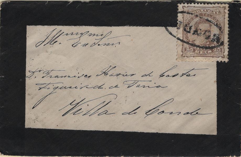 1795.jpg -     Lote:    1795            Portugal       Descrição:         Carimbos nominativos. 1882/83 &mdash; D. Luís I, de frente. Mf57a, 25 reis castanho, papel liso, denteado 12 Ÿ, em sobrescrito circulado de Mondim para o Porto (13.09.84) obliterado com carimbo batido a preto de MONDIM. Raridade Gordon de 40.         Carta       Valor Base:     &euro; 50,00     Valor Venda:     &euro;      