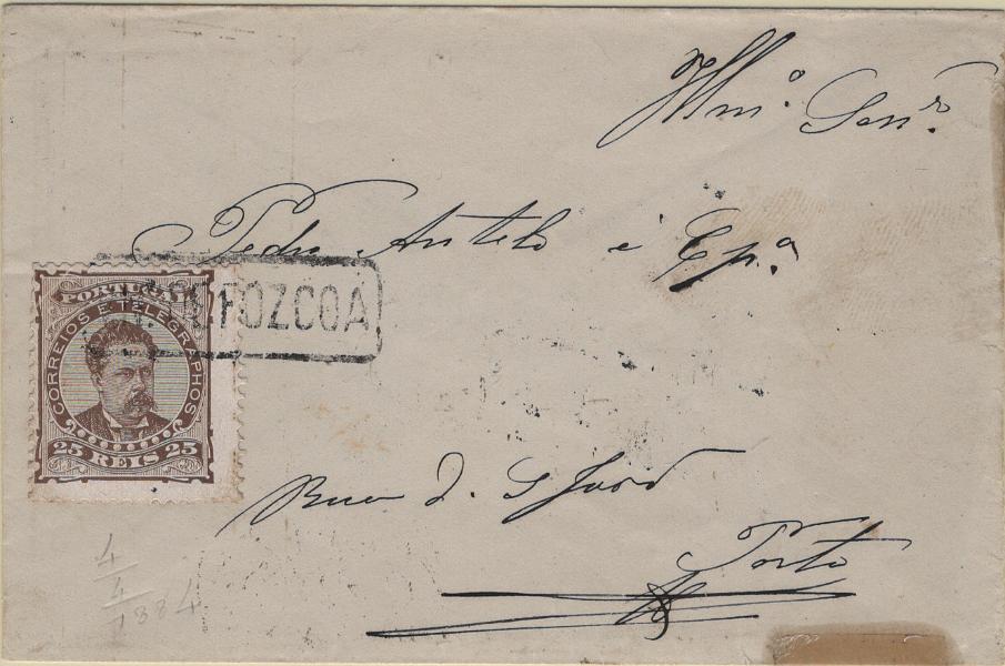 1796.jpg -     Lote:    1796            Portugal       Descrição:         Carimbos nominativos. 1882/83 &mdash; D. Luís I, de frente. Mf57a, 25 reis castanho, denteado 12 Ÿ, papel porcelana em carta circulada de Vila Nova de Fozcoa para o Porto (24.04.84), obliterado com carimbo batido a preto "V. NVA DE FOZCOA". MB e R.         Carta       Valor Base:     &euro; 50,00     Valor Venda:     &euro;      