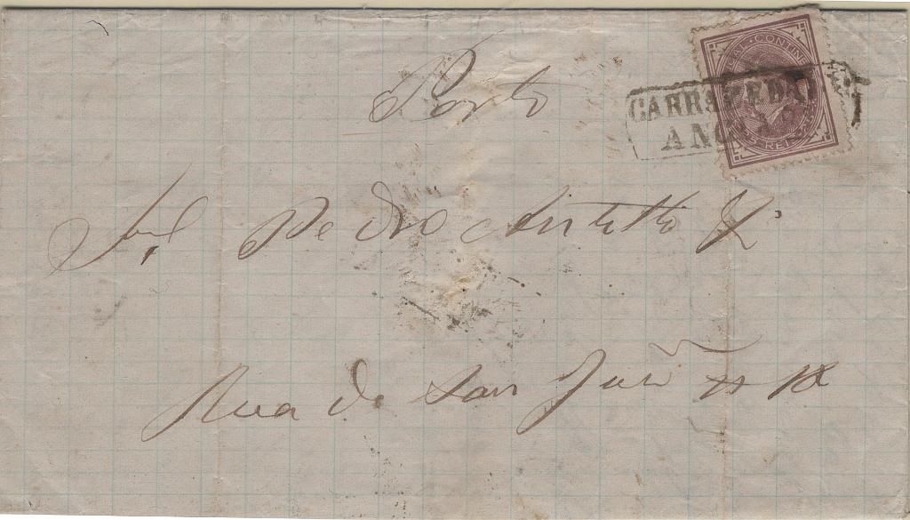 1797.jpg -     Lote:    1797            Portugal       Descrição:         Carimbos nominativos. 1880/81 &mdash; D. Luís I, de perfil. Mf54a, 25 reis lilás vermelho, papel liso, denteado 13 &frac12;, em carta circulada de Fonte Longa (04.12.81) para o Porto (06.12.81), obliterado com carimbo batido a sépia de "CARRAZEDA DE / ANCIÃES".         Carta       Valor Base:     &euro; 35,00     Valor Venda:     &euro;      