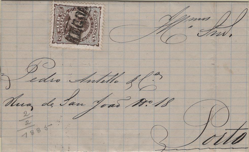 1798.jpg -     Lote:    1798            Portugal       Descrição:         Carimbo numéricos da 1.ª reforma * 1882/83 &mdash; D. Luís I, de frente. Mf57a, 25 reis castanho, denteado 12 Ÿ, em carta circulada da Régua (02.02.85) para o Porto (03.02.85), obliterado com carimbo nominal "REGOA".         Carta       Valor Base:     &euro; 20,00     Valor Venda:     &euro;      