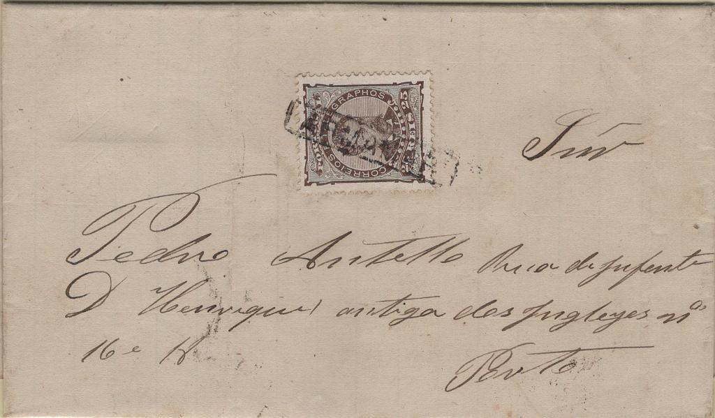 1799.jpg -     Lote:    1799            Portugal       Descrição:         Carimbos nominativos. 1882/83 &mdash; D. Luís I, de frente. Mf57b. 25 reis castanho, denteado 13 &frac12;, papel porcelana em carta circulada de Vila Seca (16.11.85) para o Porto (19.11.85), obliterado com carimbo batido a preto "ARMAMAR". MB e R.         Carta       Valor Base:     &euro; 40,00     Valor Venda:     &euro;      