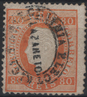 1805.jpg -     Lote:    1805            Portugal       Descrição:         Carimbos da telegrafia elétrica. 1870/76 &mdash; D. Luís I, fita direita. Mf42i, 80 reis laranja, papel porcelana, denteado 12 Ÿ, obliterado com carimbo batido a preto "TELEGRAPHIA ELECTRICA / LAZARETO". Selo com ligeira transparência.         O       Valor Base:     &euro; 40,00     Valor Venda:     &euro;      