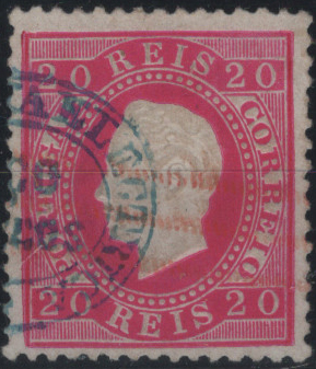1808.jpg -     Lote:    1808            Portugal       Descrição:         Carimbos da telegrafia elétrica. 1884 &mdash; D. Luís I, fita direita. Nova cor. Mf66, 20 reis carmim rosa, papel porcelana, denteado 12 Ÿ, obliterado com carimbo batido a azul "TELEGRAPHIA ELÉCTRICA / PAÇO D'ARCOS".         O       Valor Base:     &euro; 30,00     Valor Venda:     &euro;      