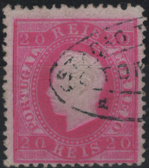1809.jpg -     Lote:    1809            Portugal       Descrição:         Carimbos da telegrafia elétrica. 1884 &mdash; D. Luís I, fita direita. Nova cor. Mf66, 20 reis carmim rosa, papel porcelana, denteado 12 Ÿ, obliterado com carimbo batido a azul "TELEGRAPHIA ELÉCTRICA / TONDELA".         O       Valor Base:     &euro; 40,00     Valor Venda:     &euro;      