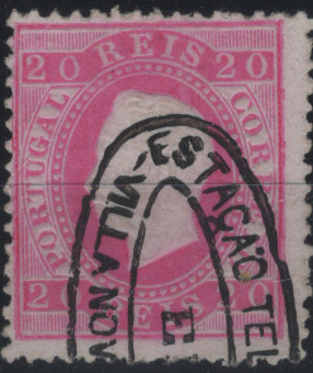 1810.jpg -     Lote:    1810            Portugal       Descrição:         Carimbos da telegrafia elétrica. 1884 &mdash; D. Luís I, fita direita. Nova cor. Mf66, 20 reis carmim rosa, papel porcelana, denteado 12 Ÿ, obliterado com carimbo batido a azul "TELEGRAPHIA ELÉCTRICA / DE / VILLA NOVA DE GAYA".         O       Valor Base:     &euro; 40,00     Valor Venda:     &euro;      