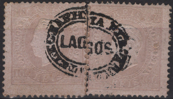 1812.jpg -     Lote:    1812            Portugal       Descrição:         Carimbos da telegrafia elétrica. 1870/76 &mdash; D. Luís I, dita direita. Mf43f, 100 reis lilás claro, denteado 12 Ÿ, papel porcelana. Dois selos com carimbo batido a preto "TELEGRAPHIA ELECTRICA / LAGOS".         O       Valor Base:     &euro; 25,00     Valor Venda:     &euro;      
