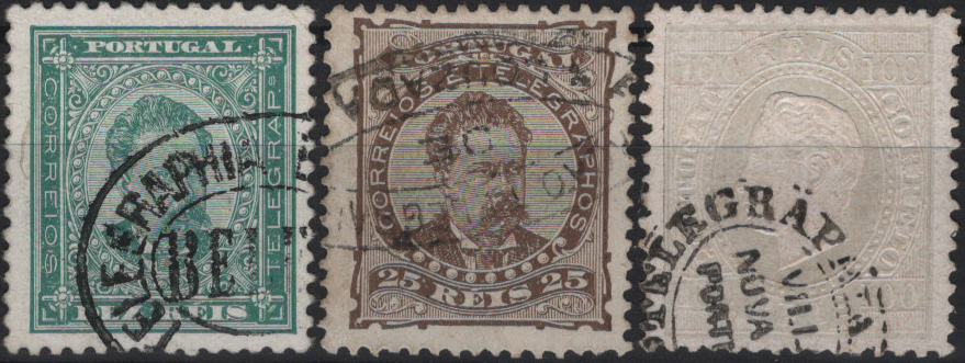 1814.jpg -     Lote:    1814            Portugal       Descrição:         Carimbos da telegrafia elétrica. Lote com 3 selos das emissões de D. Luís I, obliterados com carimbos ovais, batidos a preto das estações telegráficas de "BELLEM, LOUZADA e VILA NOVA DE PORTIMÃO".         O       Valor Base:     &euro; 12,00     Valor Venda:     &euro;      