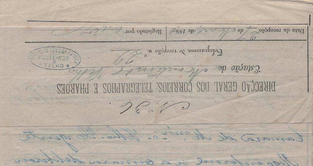 1816.jpg -     Lote:    1816            Portugal       Descrição:         Carimbos da telegrafia elétrica. Telegrama remetido de Coimbra para Montemor-o-Velho (27.03.84). Carimbo batido a azul "ESTAÇÃO TELEGRAFHICA / MONTE=MOR / O / VELHO".         TLG       Valor Base:     &euro; 10,00     Valor Venda:     &euro;      