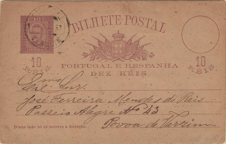 1817.jpg -     Lote:    1817            Portugal       Descrição:         Carimbos circulares datados, tipo 1880. 1892/95 &mdash; D. Carlos I, Diogo Neto. OM13, 10 reis lilás-castanho sobre cartolina camurça, circulado de Vermoim (30.08.93) para Póvoa de Varzim. Carimbo batido a preto de "VERMOIM". Raridade 10 (Gordon).         IC       Valor Base:     &euro; 40,00     Valor Venda:     &euro;      