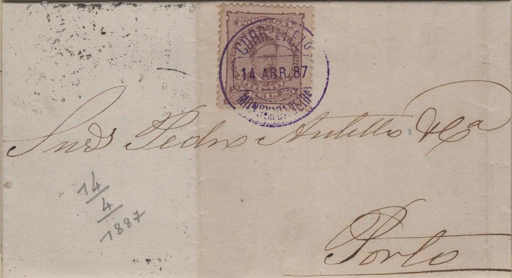 1818.jpg -     Lote:    1818            Portugal       Descrição:         Carimbos circulares datados, tipo 1880 * 1882/83 &mdash; D. Luís I, de frente. Mf57c, 25 reis castanho, papel liso, denteado 11 Ÿ em carta circulada de Mondim da Beira (14.04.87) para o Porto (15.04.87). Carimbo batido a violeta de "MONDIM DA BEIRA".         Carta       Valor Base:     &euro; 20,00     Valor Venda:     &euro;      