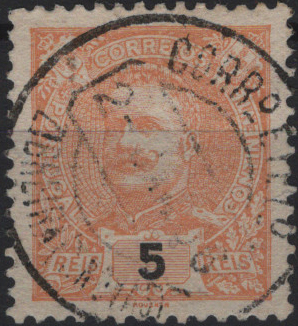 1819.jpg -     Lote:    1819            Portugal       Descrição:         Carimbos circulares datados, tipo 1880 * 1895/96 &mdash; D. Carlos I Mouchon. Mf127, 5 reis laranja obliterado com carimbo batido a preto "ZIBREIRA (T. NOVAS)".         O       Valor Base:     &euro; 15,00     Valor Venda:     &euro;      