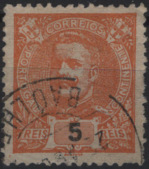 1820.jpg -     Lote:    1820            Portugal       Descrição:         Carimbos circulares datados, tipo 1880 * 1895/96 &mdash; D. Carlos I Mouchon. Mf127, 5 reis laranja obliterado com carimbo batido a preto "BAÚLHE".         O       Valor Base:     &euro; 10,00     Valor Venda:     &euro;      