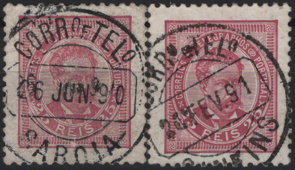 1822.jpg -     Lote:    1822            Portugal       Descrição:         Carimbos circulares datados, tipo 1880. 1884/87 &mdash; D. Luís I, de frente. Mf63, 25 reis lilás rosa, papel porcelana, denteado 11 Ÿ. Lote com dois selos obliterados com carimbos batidos a preto de "SABOIA" e "SANFINS".         O       Valor Base:     &euro; 12,00     Valor Venda:     &euro;      
