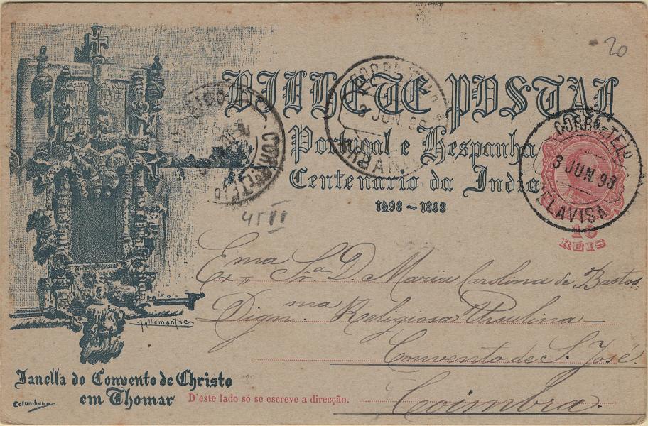 1825.jpg -     Lote:    1825            Portugal       Descrição:         Carimbos circulares datados, tipo 1880 * 1898 &mdash; 4.º Centenário da Descoberta do Caminho Marítimo para a Índia. OM29E, 10 reis rosa carmim circulado de Celavisa (03.06.98) para Coimbra (04.06.98) com trânsito por Arganil (03.06.98). carimbo batido a preto de "CELAVISA", raridade 8 (Gordon).         IC       Valor Base:     &euro; 20,00     Valor Venda:     &euro;      