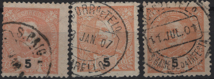 1832.jpg -     Lote:    1832            Portugal       Descrição:         Carimbos circulares datados, tipo 1880 * 1895/96 &mdash; D. Carlos I Mouchon. Mf127, 5 reis laranja. Três selos obliterados com carimbos a preto de: "S. PAIO DE /????", "ALFARELLOS" e "S. MAMEDE DE INFESTA".         O       Valor Base:     &euro; 20,00     Valor Venda:     &euro;      