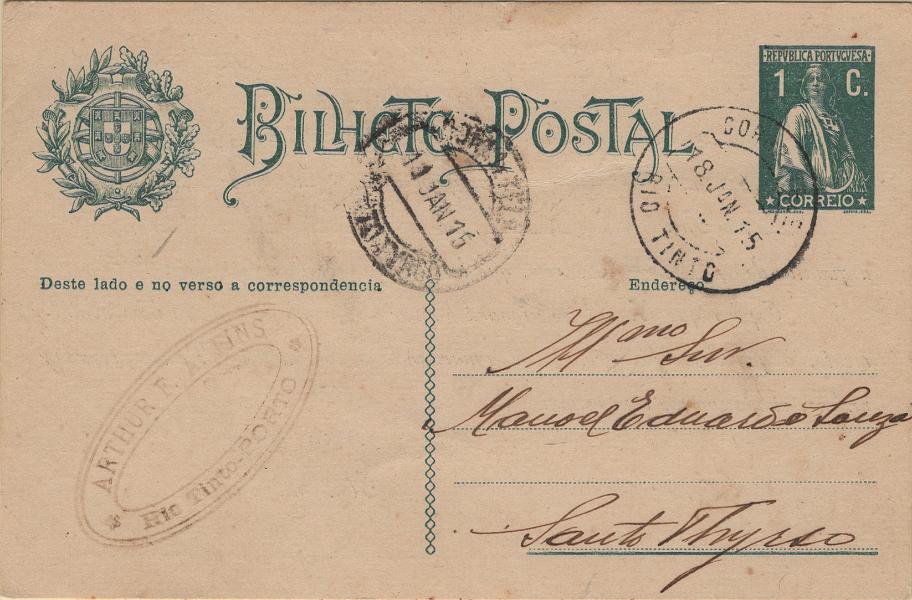 1837.jpg -     Lote:    1837            Portugal       Descrição:         Carimbos circulares datados, tipo 1880. 1912 &mdash; Ceres. OM59b, 1c verde sobre cartolina creme, circulado de Rio Tinto (18.01.15) para Santo Tirso (19.01.15). Carimbo batido a preto "RIO TINTO". Raridade 8.         IC       Valor Base:     &euro; 15,00     Valor Venda:     &euro;      